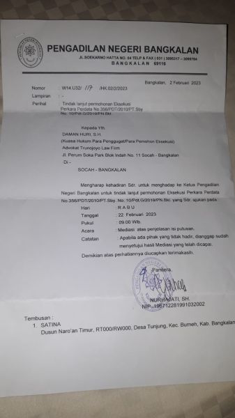 Surat panggilan mediasi dari PN Bangkalan(DOK:wahyu/advokasi.co)